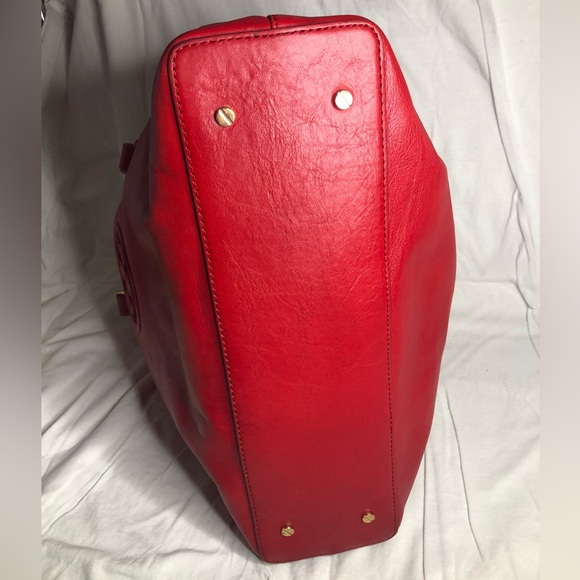 Tory Burch Bombe Tote Bag Glazed Leather Shoulder Bag Red Handbag Purse - Picture 7 of 16